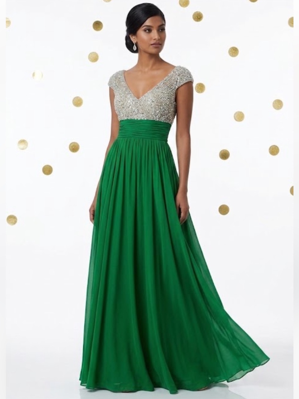 Adrianna Papell Green and silver cap sleeve sequins and beaded long gown